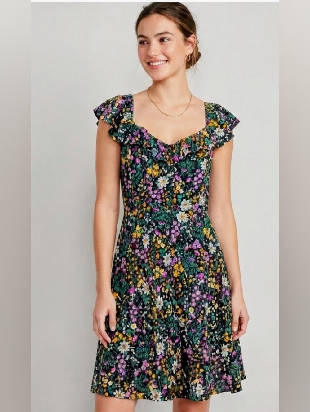 Old Navy Black Floral Cami with Green, Purple, Yellow and White Print Size L